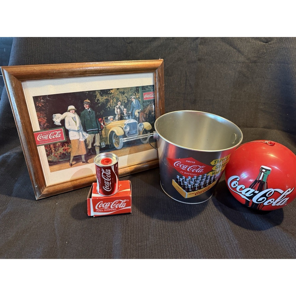 Coca-Cola Vintage Collector Lot Pencil Sharpener Bucket Framed Art Ornament